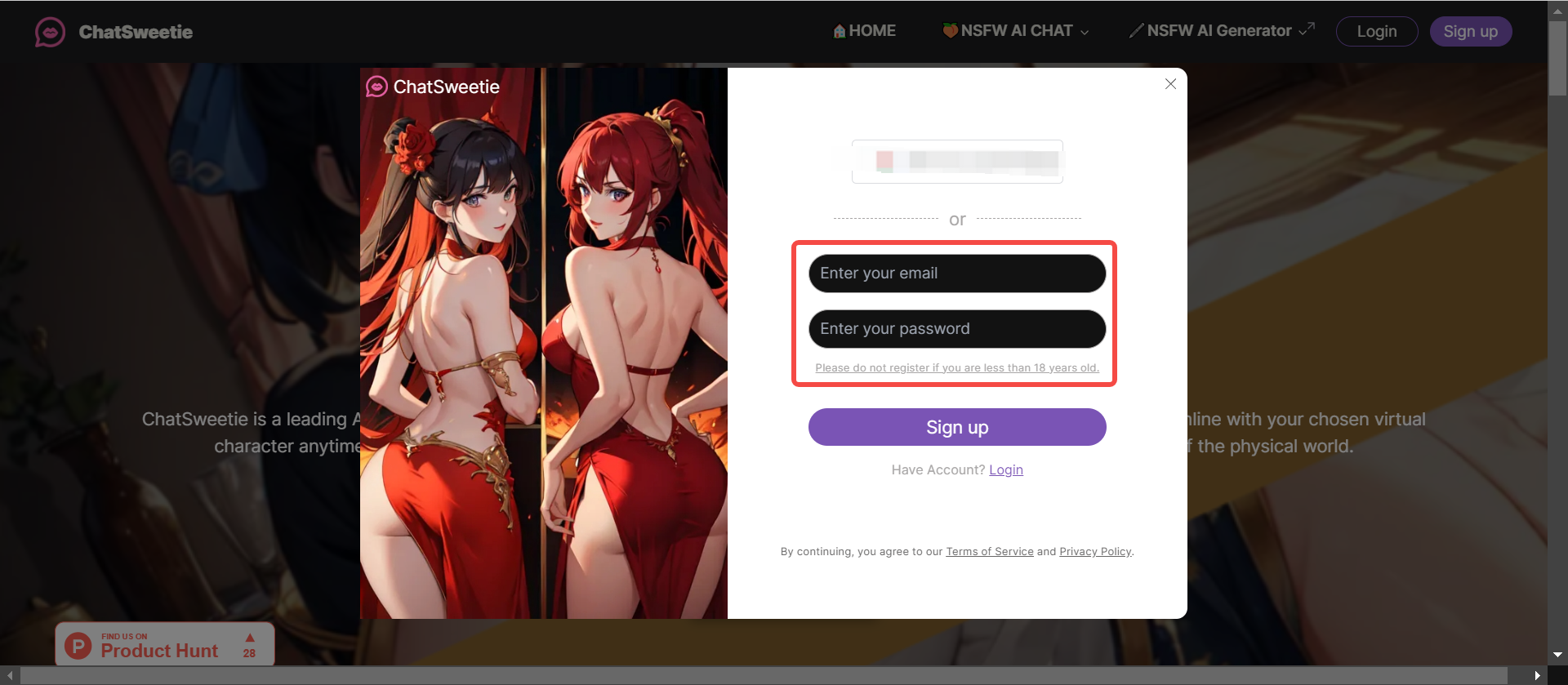Step1 Enter the ChatSweetie website and create or log in to an account.